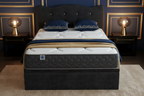 Cama de frente ambiente azul y dorado